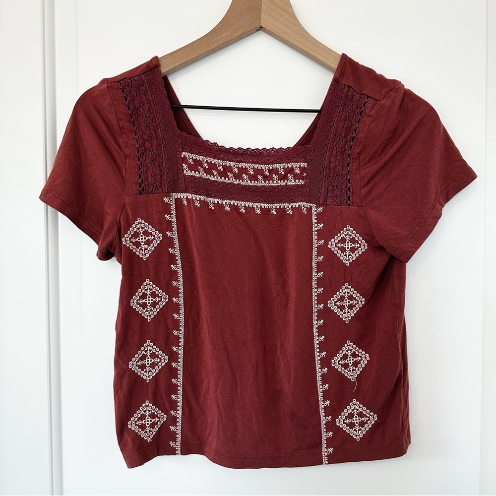 American Eagle Soft & Sexy Cropped Top Lace Embroidered Rust Medium Boho